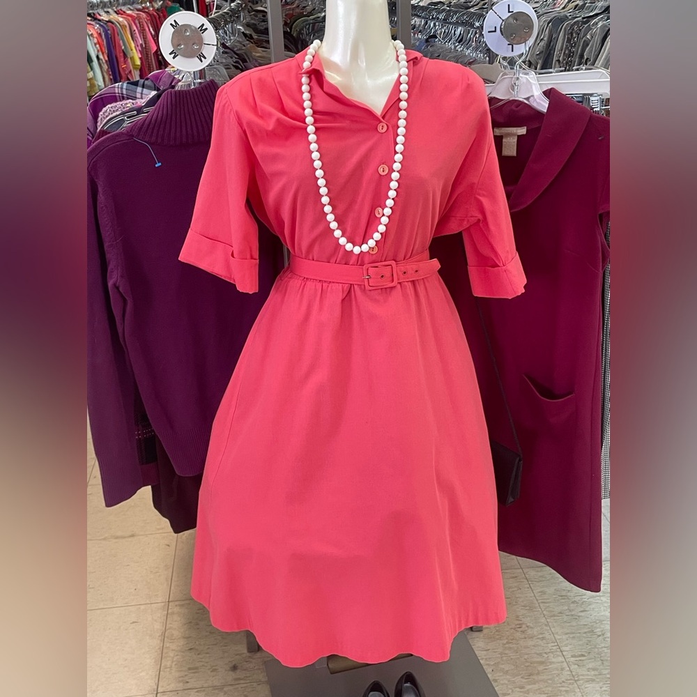 Blair Coral Belted Dress with Pearls